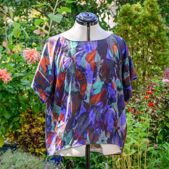 One Forty 8 NWOT Blouse: Boat-neck, Cap-slv: Blue, Rust, and Aqua Impressionist - Picture 1 of 5